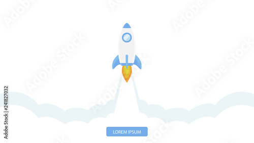 Rocket flying isolated on white background. Icon and logo. Cute simple realistic space ship launch design. Template or banner for start up and success. Flat style vector illustration.