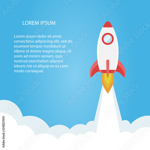 Rocket flying isolated on white background. Icon and logo. Cute simple realistic space ship launch design. Template or banner for start up and success. Flat style vector illustration.