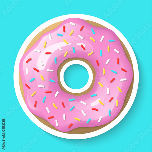 Donut isolated on a white background. Cute, colorful and glossy donuts with pink glaze and multicolored powder. Simple modern design. Realistic vector illustration.