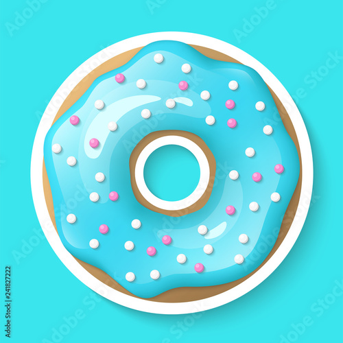 Donut isolated on a white background. Cute, colorful and glossy donuts with blue turquoise glaze and multicolored powder. Realistic sticker. Simple modern design. Realistic vector illustration