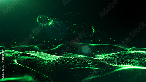 Abstract green color digital particles wave with dust and light background