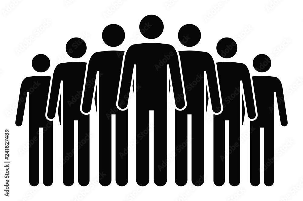 Row of stick men isolated on white background. Simple design stick figures. Black and white Icon or logo. Flat style vector illustration. Row of stick men isolated on white background. Simple design stick figures. Black and white Icon or logo. Flat style vector illustration.