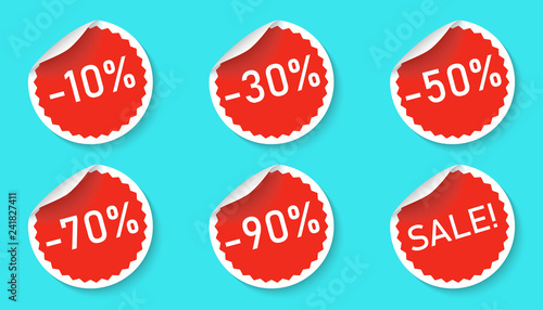 Sale sticker icon set isolated on a blue background. Red color special offer, discount tag. Simple realistic design. Flat style vector illustration.