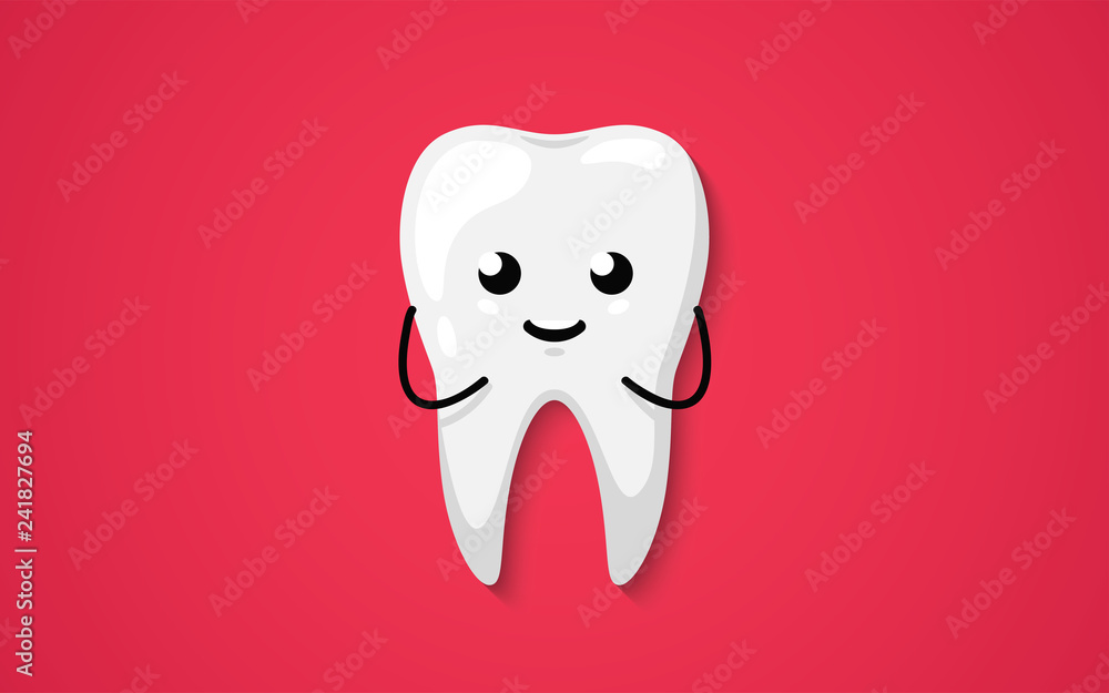 Tooth isolated on a red background. Clean happy and smiling. Cute cartoon character. Dental health. Simple cartoon design. Flat style vector illustration. Tooth isolated on a red background. Clean happy and smiling. Cute cartoon character. Dental health. Simple cartoon design. Flat style vector illustration.