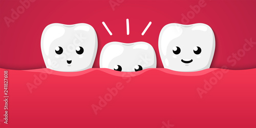 Tooth isolated on a red background. Cute cartoon character. The growth of teeth in children, milk teeth, molars. Dental health, care. Simple cartoon design. Flat style vector illustration.