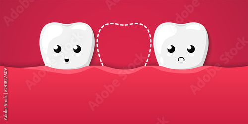 Tooth isolated on a red background. Cute cartoon character. Tooth missing, dental disease. Dental health, care. Simple cartoon design. Flat style vector illustration.