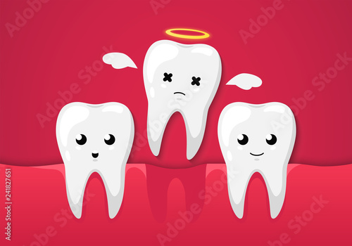 Tooth isolated on a red background. Cute cartoon character. Tooth missing, dental disease. Dental health, care. Simple cartoon design. Flat style vector illustration.