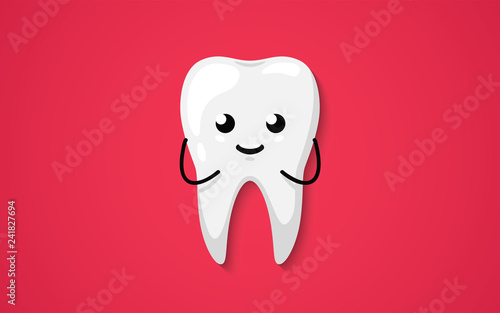 Tooth isolated on a red background. Clean happy and smiling. Cute cartoon character. Dental health. Simple cartoon design. Flat style vector illustration.