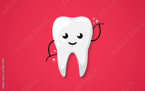 Tooth isolated on a red background. Teeth cleaning. Dental flossing. Clean shining happy and smiling. Cute cartoon character. Dental health. Simple cartoon design. Flat style vector illustration.