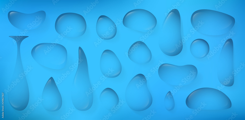 Realistic water drops set isolated. Beautiful background. Simple design. Vector illustration.