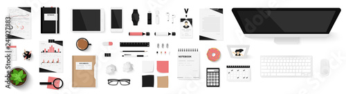 Office objects set isolated on white background. Working space. Top view of workplace desk. Realistic objects. View from above. Simple cute modern and stylish design. Flat style vector illustration.