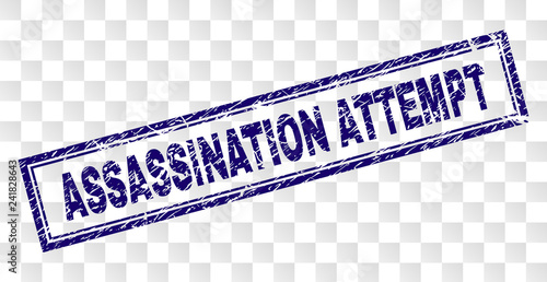 ASSASSINATION ATTEMPT stamp seal print with rubber print style and double framed rectangle shape. Stamp is placed on a transparent background.