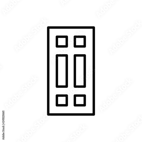 Black & white illustration of closed wooden door. Vector line icon. Isolated object
