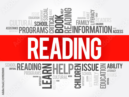 Reading word cloud collage, education concept background