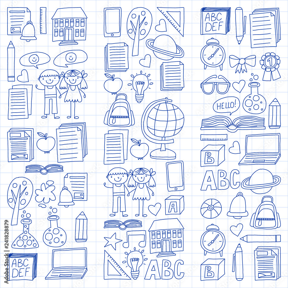 Vector set of secondary school icons in doodle style. Painted, drawn with a pen, on a sheet of checkered paper on a white background. Vector set of secondary school icons in doodle style. Painted, drawn with a pen, on a sheet of checkered paper on a white background.