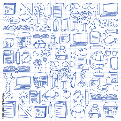 Vector set of secondary school icons in doodle style. Painted, drawn with a pen, on a sheet of checkered paper on a white background.