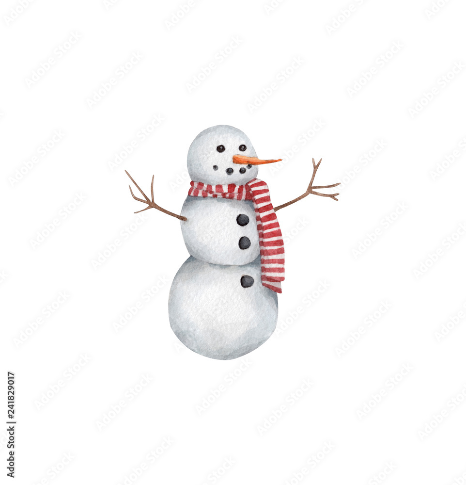 happy snowman character, new year aquarelle design element on the white background, for clipart, print, pattern, tag, happy snowman character, new year aquarelle design element on the white background, for clipart, print, pattern, tag,