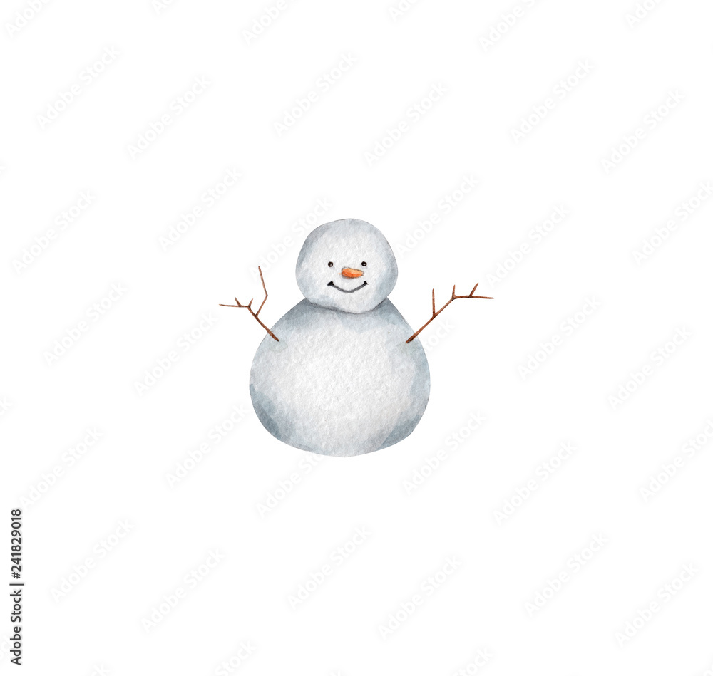 Obraz premium happy snowman character, new year aquarelle design element on the white background, for clipart, print, pattern, tag,