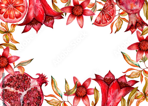 Beautiful watercolor frame with fruits and flowers of pomegranate