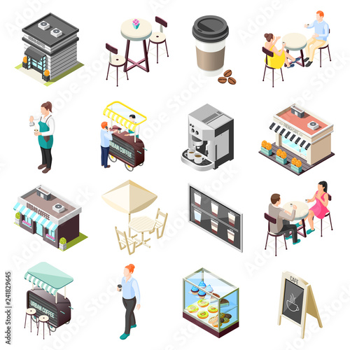 Street Coffee Isometric Icons Set