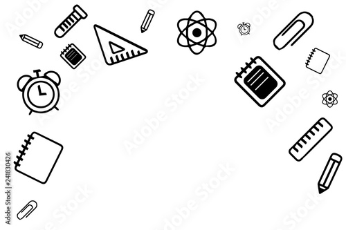 Flat design business Vector Illustration creative concept template copy space text for Ad website promotion esp isolated. School Supplies scattered on the upper and side border with center space