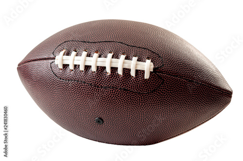 American football and US sports concept with a generic leather ball without any brands on it and visible laces isolated on white with a clip path cutout