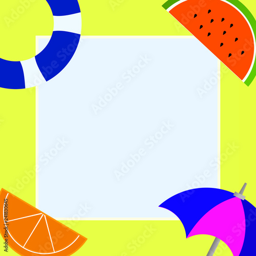 Flat design business Vector Illustration creative concept template copy space text for Ad website promotion esp isolated. Things related to Summertime Beach items on four corners with center space