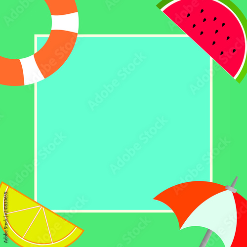 Flat design business Vector Illustration Empty copy space for Ad website promotion esp isolated Banner template. Things related to Summertime Beach items on four corners with center space