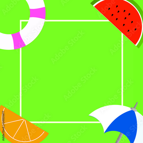 Flat design business Vector Illustration concept Empty template copy space Posters coupons promotional material. Things related to Summertime Beach items on four corners with center space
