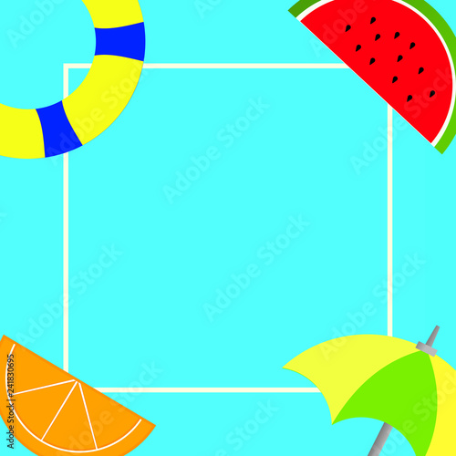 Flat design business Vector Illustration Empty template Layout for invitation greeting card promotion poster voucher. Things related to Summertime Beach items on four corners with center space