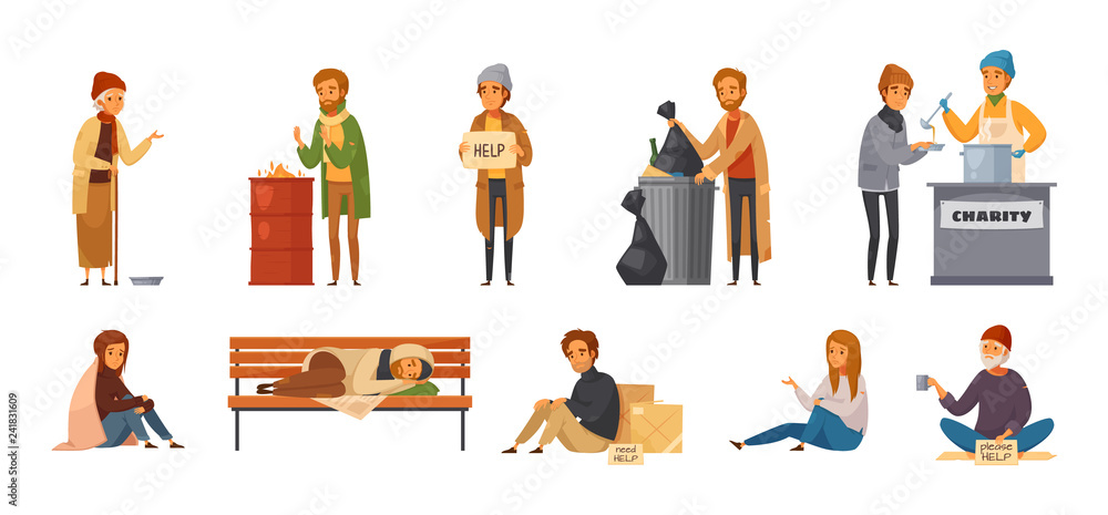 Homeless People Cartoon Icon Set Homeless People Cartoon Icon Set