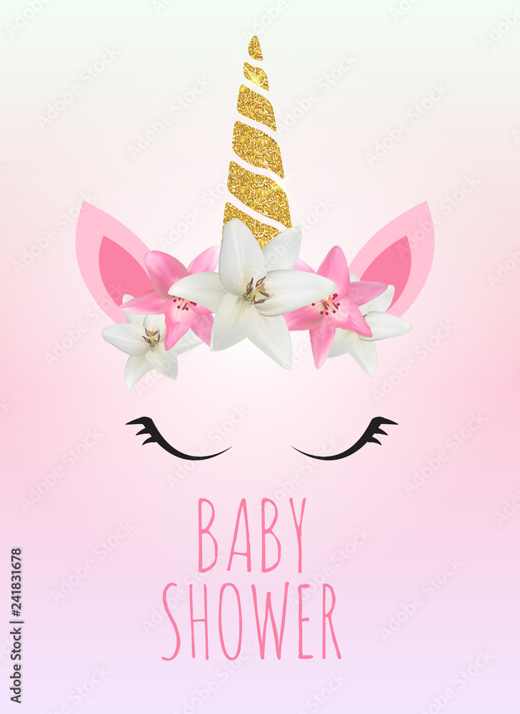 Fototapeta Baby shower z zaproszeniem na jednorożca. Ilustracja wektorowa