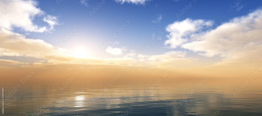 morning at sea, panorama of sea sunset, clouds over the water, light over the ocean,
