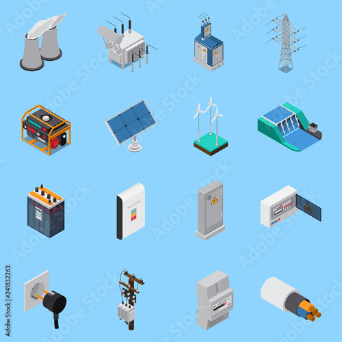 Electricity Isometric Icons Set 