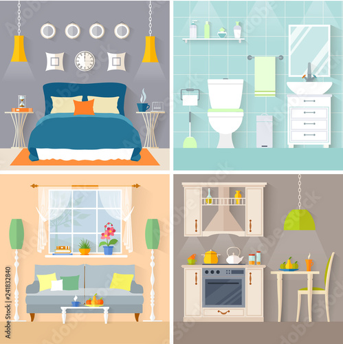 Set of rooms with furniture and decor: bedroom, bathroom, living room and kitchen. Flat style vector interior.