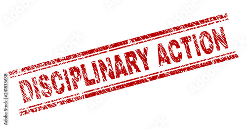 DISCIPLINARY ACTION seal print with distress style. Red vector rubber print of DISCIPLINARY ACTION caption with unclean texture. Text caption is placed between double parallel lines.