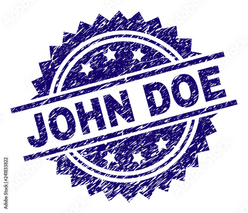 JOHN DOE stamp seal watermark with distress style. Blue vector rubber print of JOHN DOE title with unclean texture.