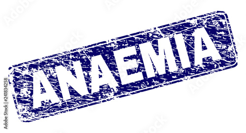 ANAEMIA stamp seal print with grunge style. Seal shape is a rounded rectangle with frame. Blue vector rubber print of ANAEMIA title with grunge style.
