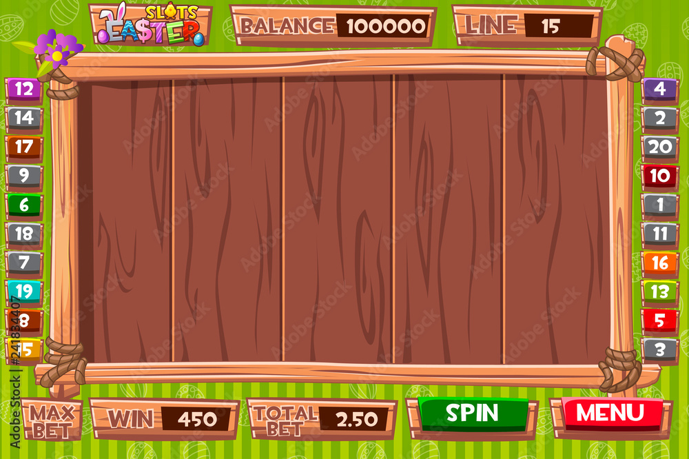 Modelos de slots de fazenda, interface de usuário de jogos de azar para  jogar. menu de ilustração para o jogo, canteiros de jardim.