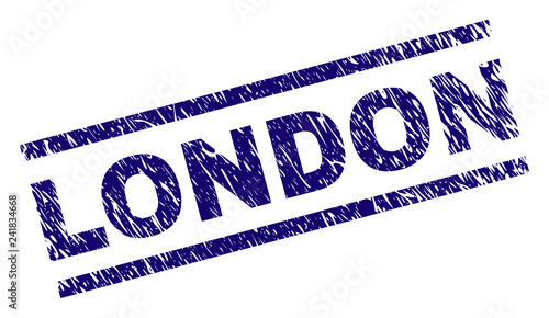 LONDON seal print with distress style. Blue vector rubber print of LONDON text with dirty texture. Text label is placed between parallel lines.