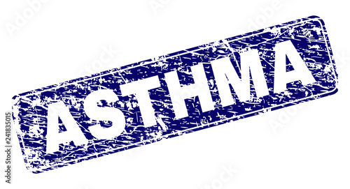ASTHMA stamp seal print with grunge style. Seal shape is a rounded rectangle with frame. Blue vector rubber print of ASTHMA caption with corroded style.