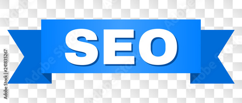 SEO text on a ribbon. Designed with white caption and blue stripe. Vector banner with SEO tag on a transparent background.