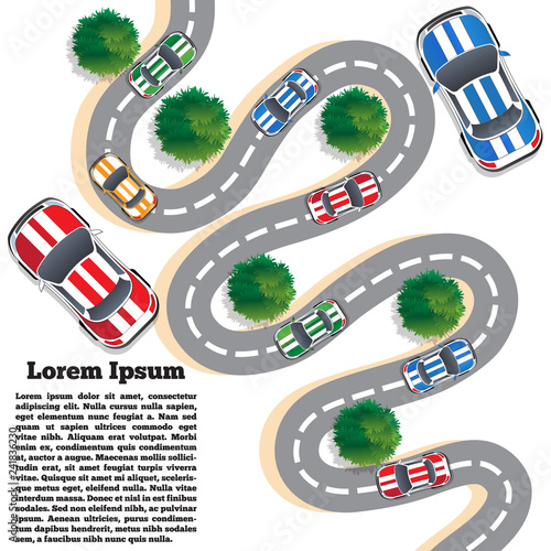 Cars on a winding road. View from above. The template for the presentation. Vector illustration. 