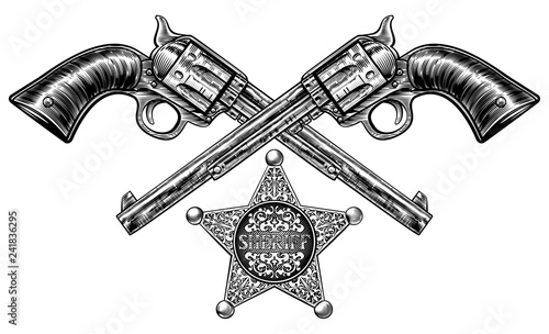 A pair of crossed gun revolver handgun six shooter pistols drawn in a vintage retro woodcut etched or engraved style with a star shaped sheriff badge