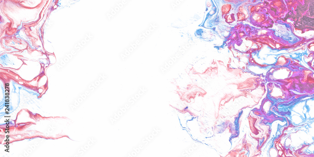 Fototapeta premium Template layout leaflets with a mixture of acrylic paints. The texture of liquid marble. Liquid art. Applicable for design cover, flyer, poster, placard. Mixed cyan, magenta, pink and white colors.