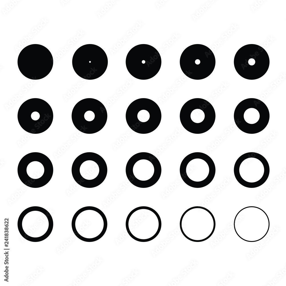 Set of circles vector design with rings of various different assorted size and thickness in a vector illustration isolated on a white background Set of circles vector design with rings of various different assorted size and thickness in a vector illustration isolated on a white background
