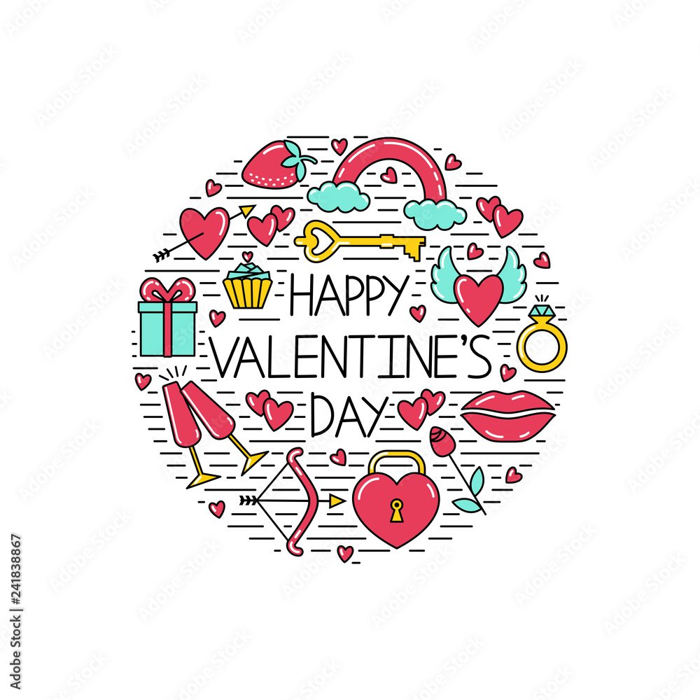 Happy Valentine's Day lettering. Set of valentine's day symbols enclosed in a circle shape. Valentines day icons. Symbols of love - heart, arrow, valentine, gift, lips, rose, ring, rainbow,glasses.