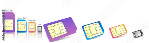 Realistic sim cards icon set with different types mini micro and nano sim and eSim vector