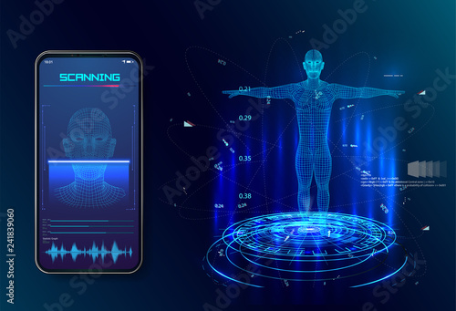Robot. Artificial intelligence. Biometric identification or Facial recognition system concept. concept of biometric technology, digital Face Scanning, human head combined with electronic board