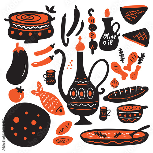 Middle eastern food. Hand drawn illustration in doodle style. Isolated on white background.